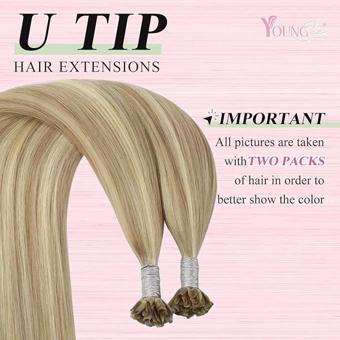 YoungSee U Tip Hair Extensions Highlight Golden Blonde and Medium Blonde Human Hair Utips Extensions for Thin Hair Highlight K Tips Human Hair Extension Silky Straight Hot Fusion 16inch 1G/S 50G