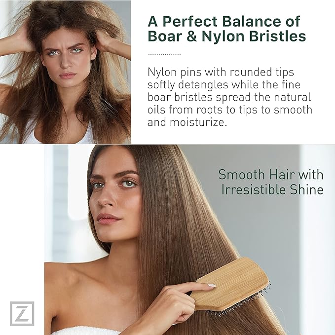 Natural Boar Bristle Hair Brush for Women, Men, Kids; Dry and Wet Detangling Hair Brush Gently Enhances Shine, Smooths Frizz and Prevents Breakage in Fine and Straight, Thick and Curly Hair (paddle)