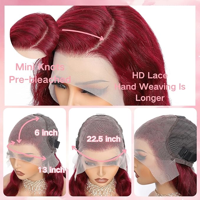 32 Inch 99j Burgundy Lace Front Wigs Human Hair 13x6 HD Transparent Burgundy Wig Human Hair 200 Density Pre Plucked Glueless Frontal Wigs Human Hair for Black Women