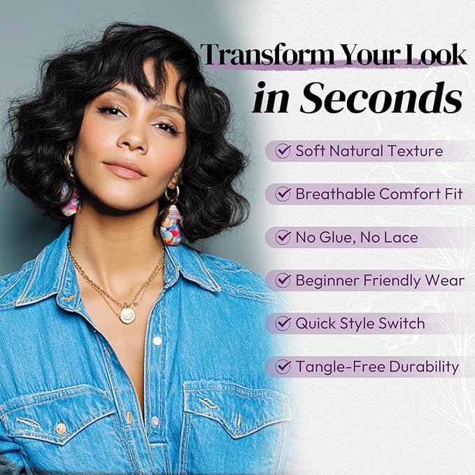 BARSDAR Short Wavy Black Wig with Bangs - Short Black Wavy Wigs for Women - Soft Synthetic Textured Curly Chic French Bob Wig with Face-Framing Bangs Natural Looking Daily Party Halloween