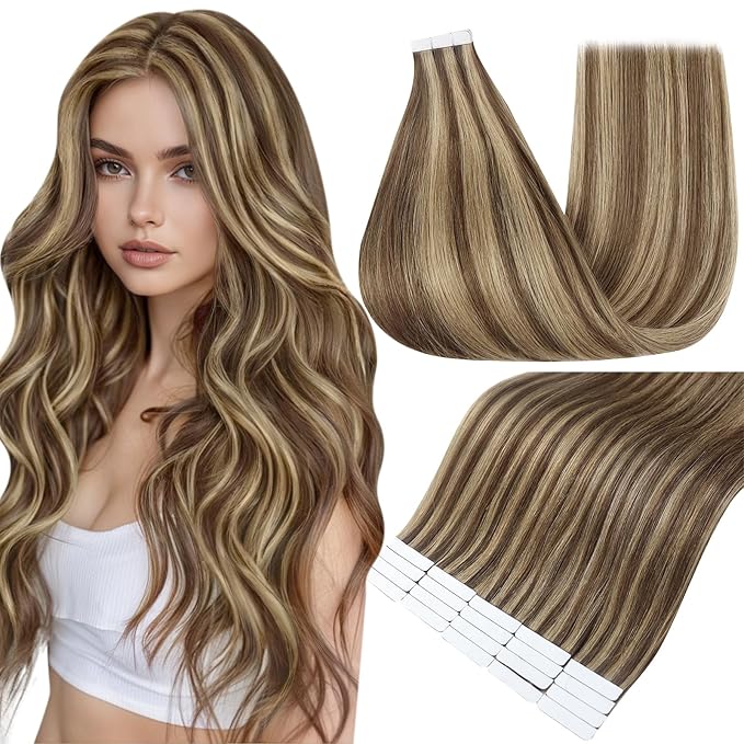 Full Shine Tape in Hair Extensions 20 Inch Hair Extensions Tape Ins Color 4 Medium Brown Highlight with 27 Honey Blonde Invisible 50Gram Human Hair Tape Extensions for Party 20Pcs