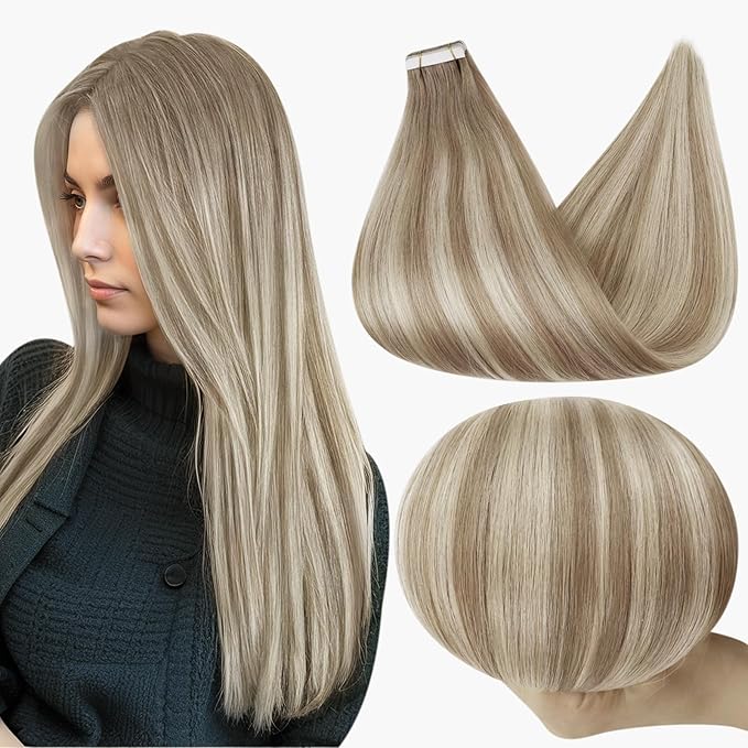 Full Shine Tape in Extensions 18Inch Color 19 Grey Fading to 8 Ash Brown and 60 Blonde Tape in Hair Extensions Seamless Skin Weft Tape Extensions 50G 20Pcs Straight Natural Hair Add Length
