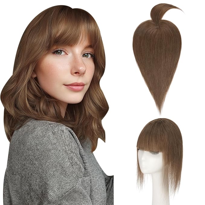 Hairro Mono Hair Toppers with Bangs, 3.4" x 3.4" Mono Base 100% Real Human Hairpieces for Women, 150% Density Clips In Topper for Greyish Thinning Hair, 16 Inch Medium Brown