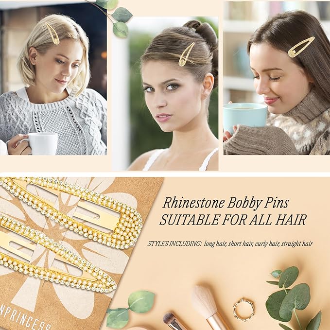 2PCS Rhinestone Hair Clips,Snap Hair Accessories,Decorative Hair Clips,Rhinestone Barrettes For Women Girls(SET18)