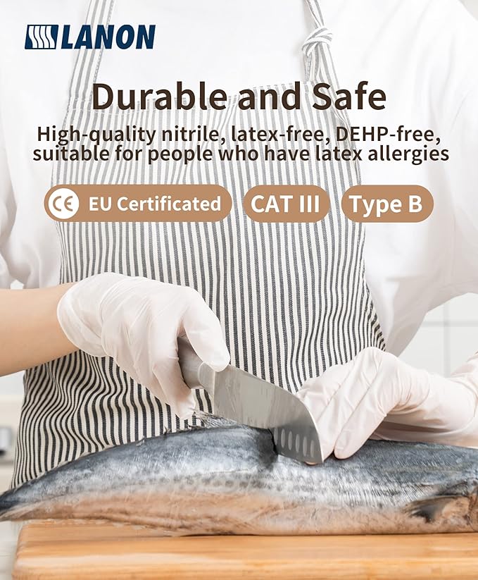 LANON Food Safe White Disposable Nitrile Gloves, Latex-Free, Powder-Free, Textured Fingertips, Cooking, Cleaning, Case, Medium