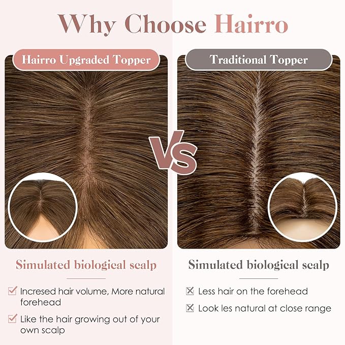 Hairro Human Hair Toppers Free Parted, 3.5x4.7" Base Hand-wovened 100% Real Hairpieces, with Invisible Clips-in for Women, for High Hairline/Adding Volume on Top, 16 Inch Mocha Brown