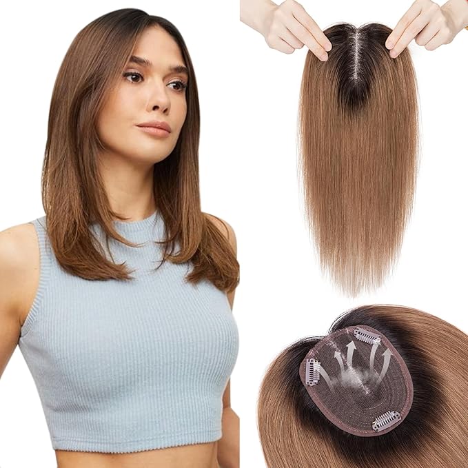 Hairro 100% Human Hair Topper No Bangs, Real Clip in Hair Hairpieces for Women, 3.94x4.72" Silk Base for Thinning Receding High Hairline, 12 Inch Natural Black to Medium Brown Middle Part