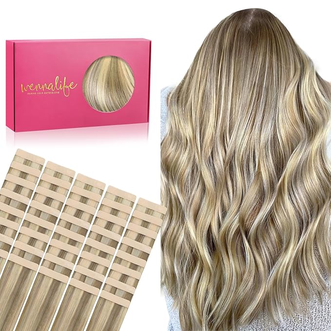 WENNALIFE Tape in Hair Extensions Human Hair, 40pcs 60g 10 inch Ash Brown with Platinum Blonde Highlights Hair Extensions Real Human Hair Straight Tape in Extensions Invisible Human Hair Extensions