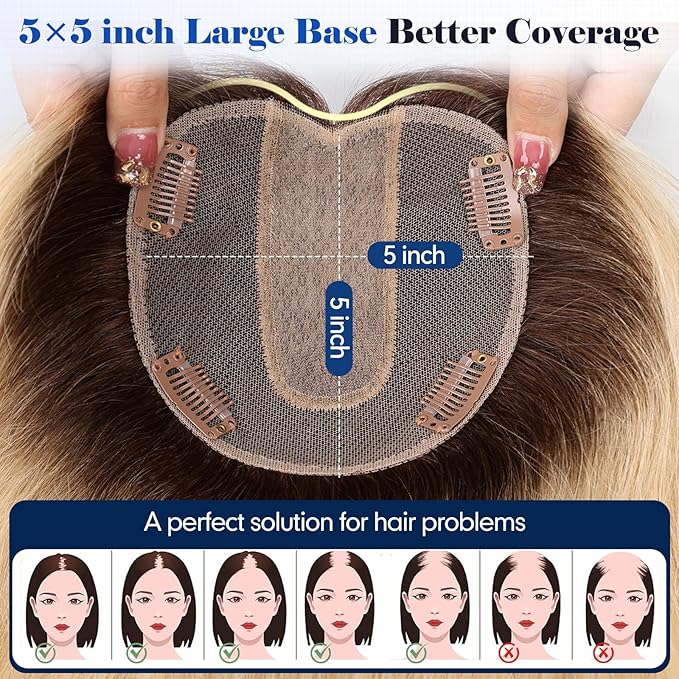 HAIRCUBE Hair Toppers For Women With Thinning 5"*5" Large Base Real Hair Toppers For Women, 14 Inch For Hand-Woven, 60g, Silk, Natural, realistic, Use Daily, Hairloss, Ombre Light Blonde, No Bangs