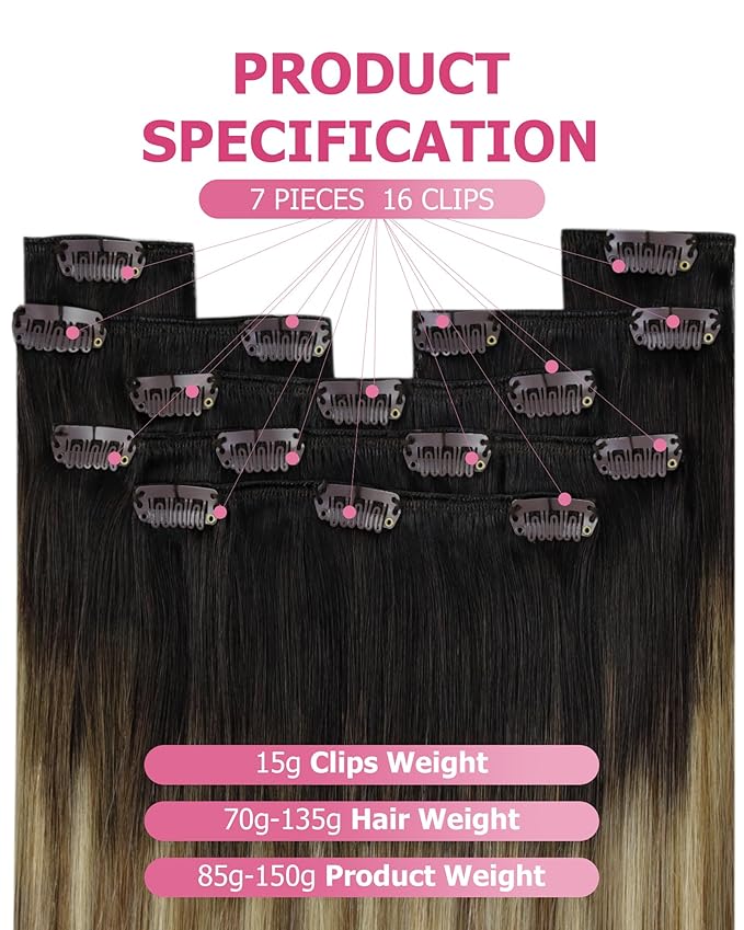 YoungSee 150g 24 inch Clip in Hair Extensions Real Human Hair Balayage Dark Brown Ombre Medium Brown with Blonde Human Hair Extensions Clip ins Balayage Clip on Hair Extensions for Women 7pcs