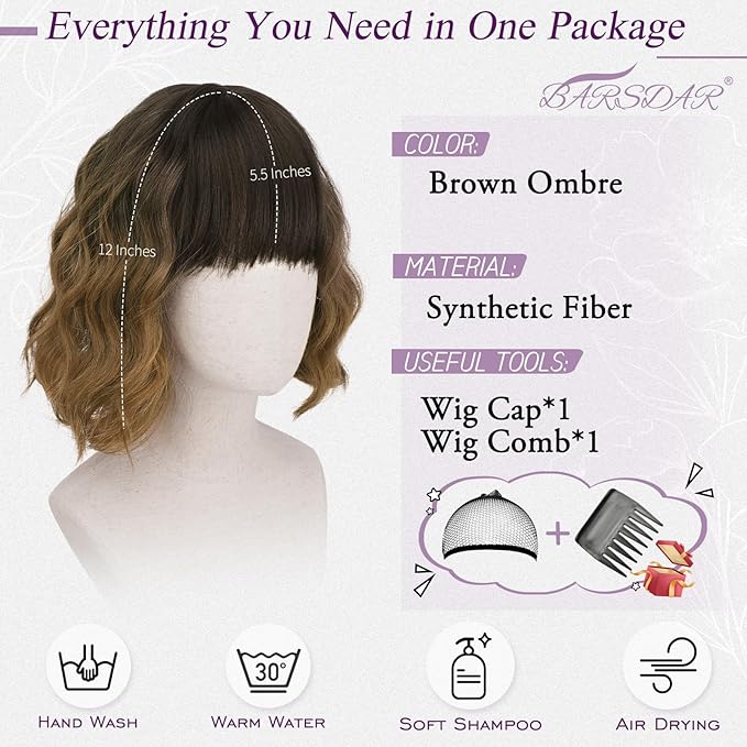 BARSDAR Brown Ombre Short Wavy Wig with Bangs - Short Wavy Brown Wig for Women - Fluffy Soft Synthetic Curly Textured French Bob Ombre Wigs with Bangs Natural Looking Face-Framing Daily