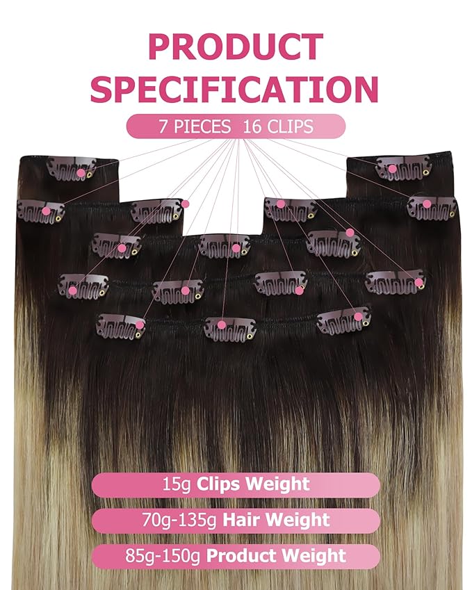 YoungSee Hair Extensions Clip ins Brown Ombre Clip in Hair Extensions Real Human Hair Medium Brown Ombre Golden Blonde Mix Platinum Blonde Clip in Extensions Straight Hair for Women 16Inch 120G
