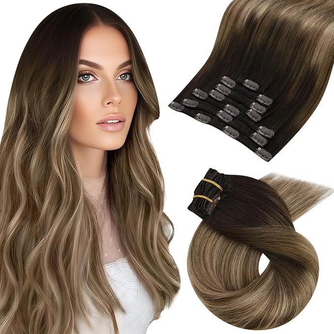 Moresoo Clip in Hair Extensions Real Human Hair Balayage Human Hair Clip in Extensions Ombre Dark Brown to Golden Brown with Dark Ash Blonde Hair Extensions for Women 7Pcs 120G 18inch