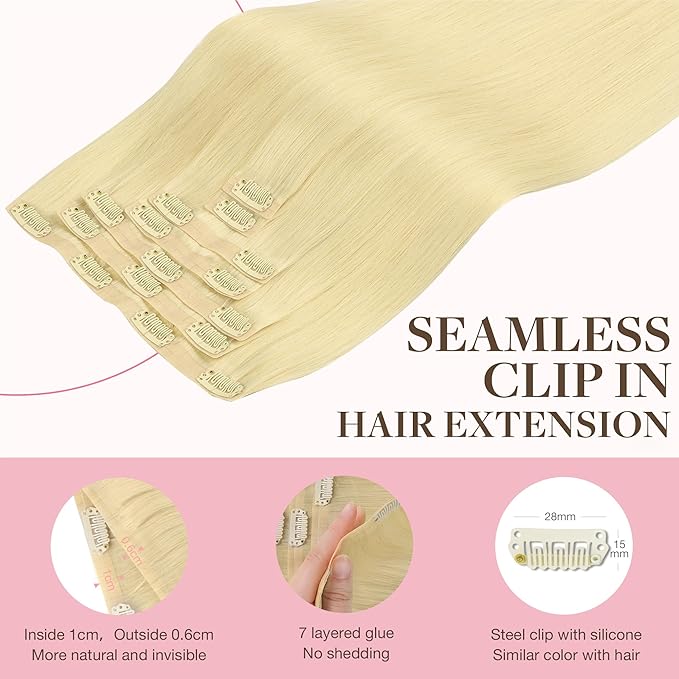 GOO GOO Clip in Hair Extensions Real Human Hair, Remy Human Hair Extensions Clip ins for Women, Natural Human Hair, 18inch 110g 7Pcs, 22F Light Golden Blonde
