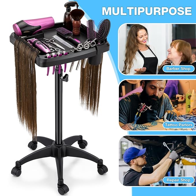 Hair Extension Tray Cart on Wheels w/Storage Holder, Height Adjust & Removable Hairstylist Rolling Tray Barber Tray Cart with Wheels, Salon Hair Extension Trolley Cart Hairdresser Stylist Color Tray