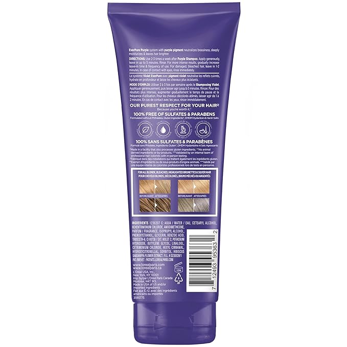 L’Oreal Paris Sulfate Free Brass Toning Purple Conditioner for Blonde, Bleached, Silver, or Brown Highlighted Hair, EverPure, 6.8 Fl Oz (Packaging May Vary)