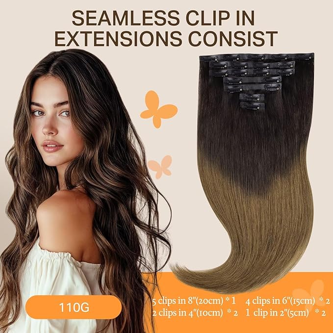 DOORES Real Human Hair Extensions, Chocolate Dip Color Melt 110g 7pcs 14 Inch, Seamless Clip In Hair Extensions Straight Invisi Edge