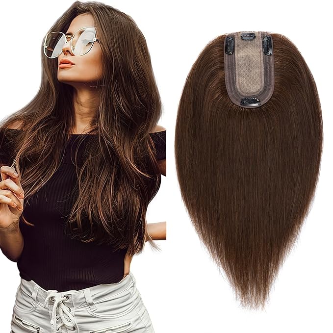 SEGO Real Human Hair Topper for Women, No Bangs Hair Topper with Anti-Slip Clips (8 Inch#4 Medium Brown)