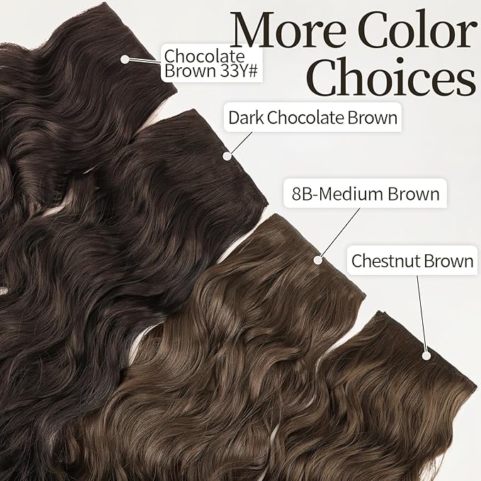 KooKaStyle Clip in Synthetic Hair Extensions Long Wavy 4PCS Thick Hairpieces Chestnut Brown Fiber Double Weft Natural Hair Extensions 16 Inch for Women