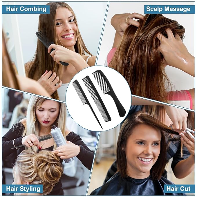 3 Pieces Rsiynax Professional Teasing Comb, Premium Black Carbon Fiber Hair Comb Set for Cutting and Styling, Fine and Wide Tooth Hair Barber Combs for Women and Man