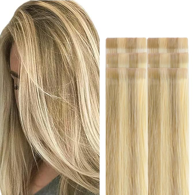 GOO GOO Invisi Edge Tape in Hair Extensions Human Hair, 16/22 Light Blonde Highlighted Golden Blonde, 6pcs 22inch 18g, Virgin Remy Hair, Seamless Injected Tape, Natural Look