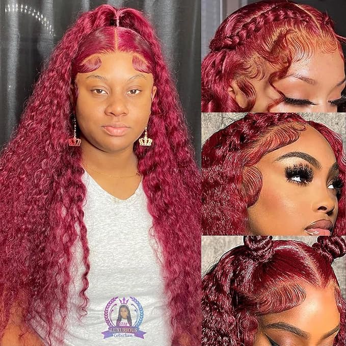 32 Inch 99J Burgundy Lace Front Wigs Human Hair 13x6 HD Deep Wave Lace Front Wigs Human Hair Pre Plucked Red Colored Frontal Curly Human Hair Wig For Women