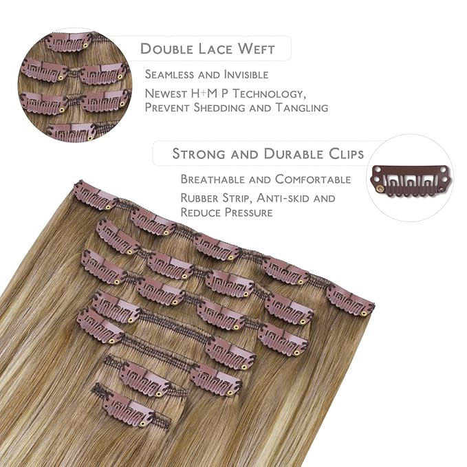 WENNALIFE Clip in Hair Extensions Real Human Hair, 20 Inch g 7pcs Balayage Dirty Blonde with Platinum Ends Remy Hair Straight Natural Extensiones De Cabello Humano Con Clip Ins