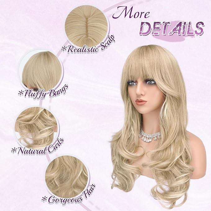 Haloo Blonde Wigs with Bangs Long Wavy Layered Haircut Natural Looking Fluffy Synthetic Heat Resistant Hair Wig for Women Daily Party, 24 Inch Dirty Blonde