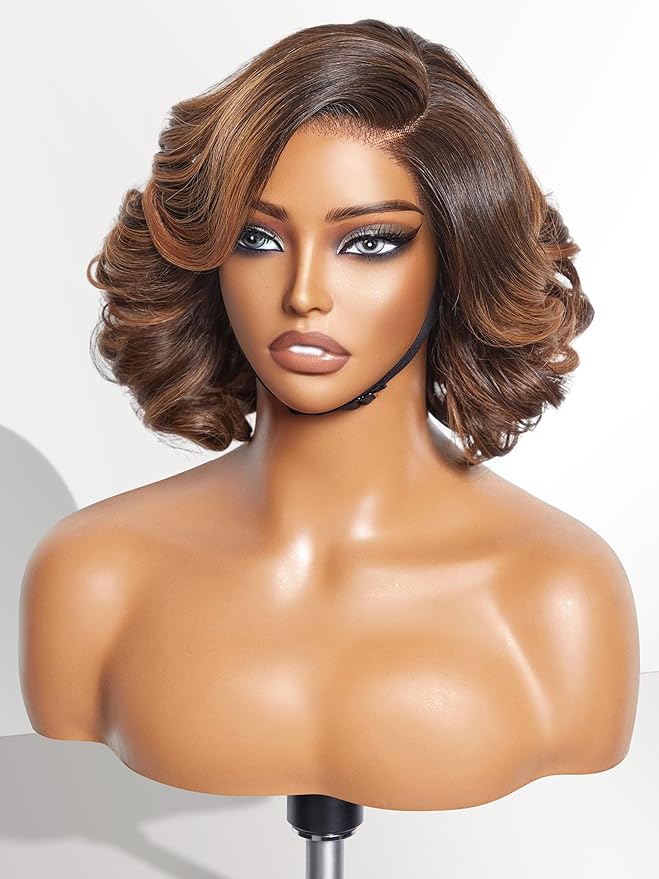 LUVME HAIR 10 Inch Brown Ombre Highlight Bob Wig Human Hair Pre Cut Glueless HD Lace Closure Wigs, Big Curly Mature Boss Left C Parted Wig For Women