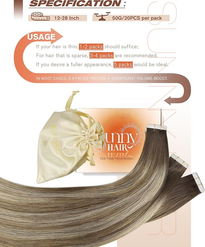 Sunny Hair Tape in Hair Extensions Medium Brown Balayage Blonde Tape in Hair Extensions Human Hair, 16 inch Remy Hair Extensions Tape in 20Pcs 50g