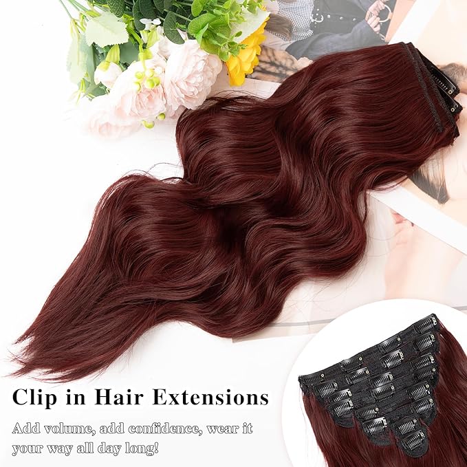 Clip in Hair Extensions for Women, 20 Inch 8PCS Red Hair Extensions Clip Ins Wavy, Synthetic Curly Hairpieces for Women, Invisible Lace Weft Hair Extension