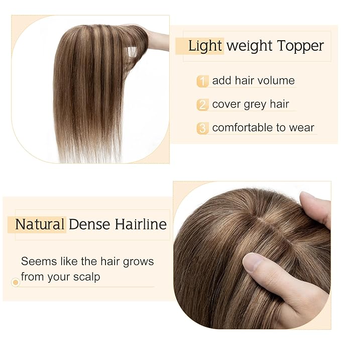 SEGO Hair Toppers for Women Real Human Hair With Bangs, 7 * 13CM Silk Base 100% Remy Human Hair Clip in Top Wiglet Hairpieces Add Volume /16 Inch Medium Brown&Dark Blonde