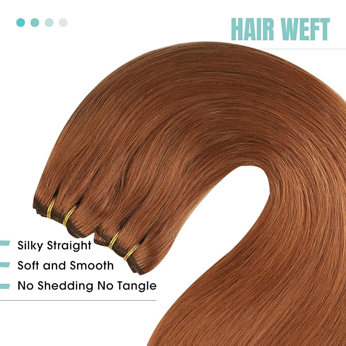 YoungSee Sew in Hair Extensions Real Human Hair Copper Human Hair Weft Extensions Light Copper Sew in Bundles Human Hair for Women 20Inch 100g
