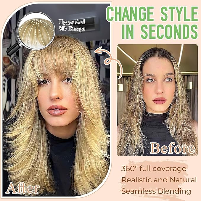 Bangs Hair Clip in Bangs 360°3D Cover Hair Topper Synthetic HairPieces for Women Medium Brown Wispy Fake Bangs Toppers for Daily Wear