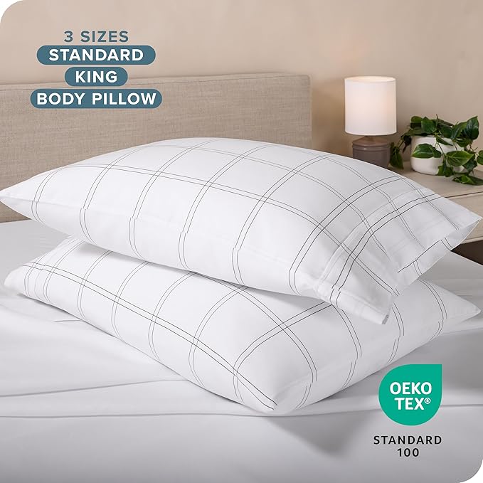 Bare Home Microfiber Pillow Cases - King Size Set of 2 - Cooling Pillowcases - Double Brushed - Pillowcases 2 Pack - Easy Care (King, Modern Plaid - White/Grey)