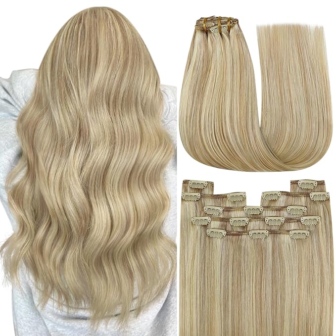 YoungSee Highlight Clip in Hair Extensions Human Hair Golden Blonde Clip in Extensions Real Human Hair Light Blonde Highlights Real Human Hair Extensions Clip ins for Women 16Inch 7Pcs 120G