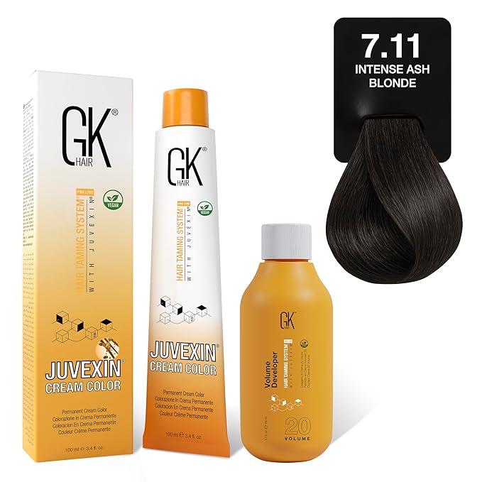 GK HAIR Global Keratin Intense Ash 7.11 Ash Blonde Hair Color Cream Tube (3.4 Fl Oz/100ml) + 20 Volume Developer (5 Fl Oz/150ml) - Professional Permanent Long Lasting Toner Dye