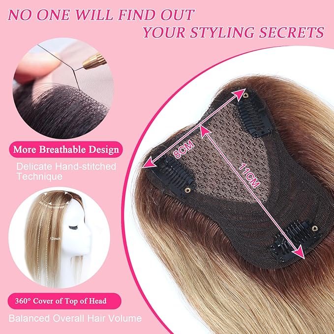Hair Toppers for Women Real Human Hair Topper Swiss Lace Middle Part Clip in Bangs Remy Human Hair Straight Hairpieces for Thinning Realistic Scalp 360° Cover Gray Hairy Roots Highlight Ombre Blonde