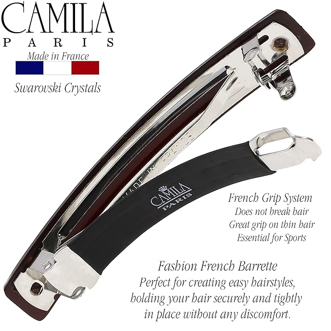 Camila Paris CP3457 French Hair Barrette Clip for Girls Brown, Rubberized Metal Clasp Strong Hold Grip Hair Clips for Women, No Slip Durable and Styling Girls Hair Accessories, Made in France