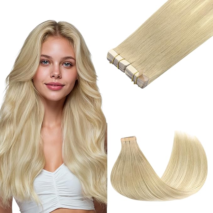 GOO GOO Tape in Hair Extensions Human Hair, 18ET90A Natural Blonde Balayage, 16inch 100g 40pcs, Skin Weft Seamless Invisible, Silky Straight with Thick Ends, Remy Human Hair