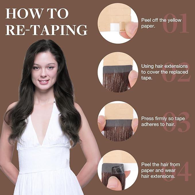 GOO GOO Tape in Hair Extensions Human Hair, 1C Mocha Brown, 24inch 30g 10pcs, Skin Weft Seamless Invisible, Silky Straight with Thick Ends, Remy Human Hair