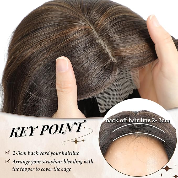 MORICHY Hair Toppers for Women Clip in Hair Topper with Bangs 20inch Medium Brown with Highlights Long Wavy Curly Synthetic HairPieces for Women