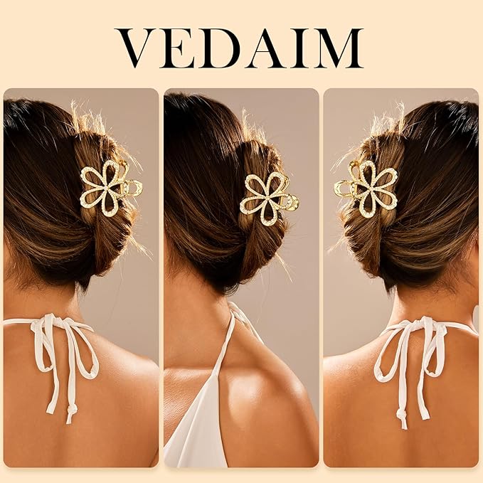 Gold Hair Clips for Women Flower and Double Row Small Claw Clips for Thin/Medium Fine Hair - Nonslip Jaw Clips