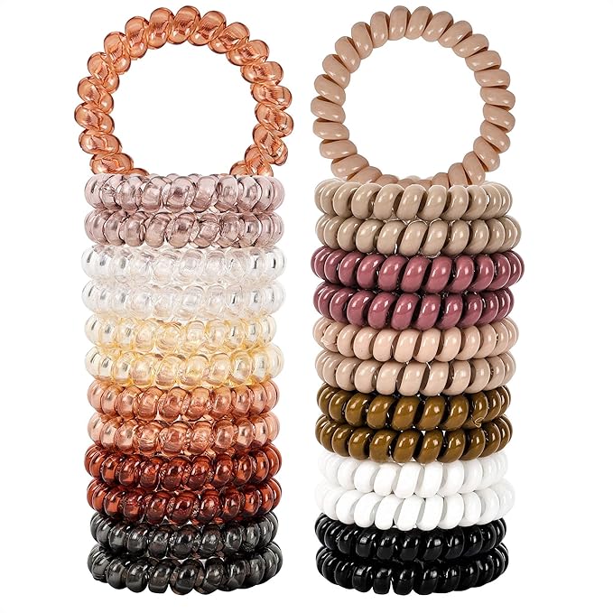 79STYLE Spiral Hair Ties 24pcs No Crease Clear Brown Coil Hair Ties Spiral Ponytail Holders Coils Scrunchies Plastic Phone Cord Hair Bands for Women Girls (Neutral Colors-Large Size)