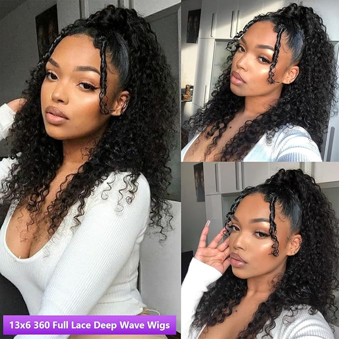 360 Deep Wave Lace Front Wigs Human Hair 200% Density 360 HD Lace Front Wigs Deep Wave Pre Plucked With Baby Hair Curly Full Lace Wig with Adjustable Straps for Women (24 Inch)