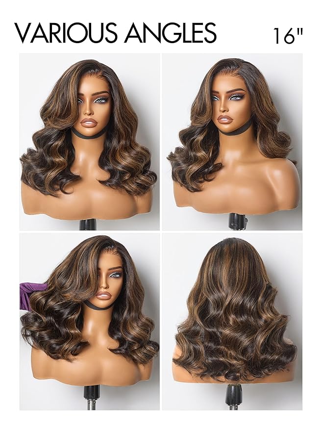LUVME HAIR 100% Human Hair Wigs Loose Wave Glueless Lace Front 16 Inches, Pre Cut Plucked Hd Lace Short Wig Ready To Go Highlight Color Straight Bleached Knots Side Part Wigs