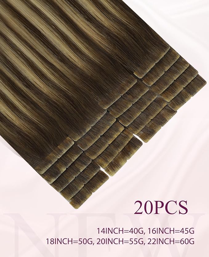 Pinkpearl Invisible Tape in Hair Extensions Human Hair, 20pcs 20inch 55g #4/27/4 Balayage Chocolate Brown to Caramel Blonde Injection Tape in Extensions Real Remy Seamless Human Hair Injected