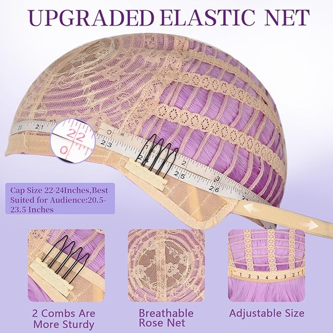AISI HAIR Light Purple Synthetic Wavy Curly Bob Wig with Bangs Short Wavy Hair for Women Synthetic Heat Resistant Bob Wigs