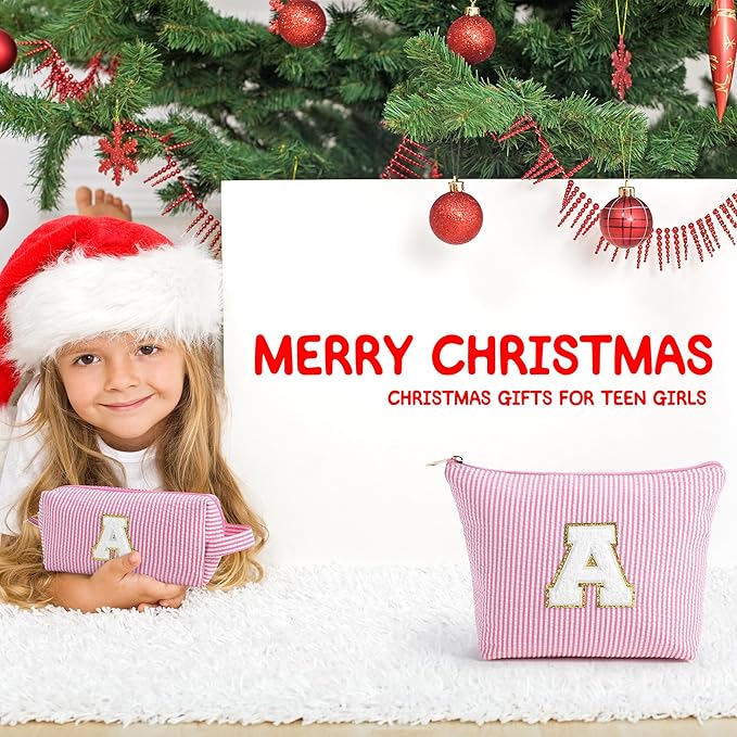 YOOLIFE Birthday Gifts for Girls - Personalized Initial Cute Pink Cosmetic Makeup Bag Pouch Make Up Bags Travel Toiletry Bag for Her Mom Girlfriend Wife Teacher 18th Birthday Gifts for Girls H