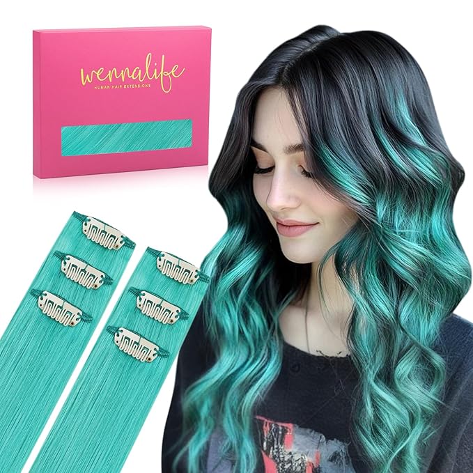 WENNALIFE Teal Green Clip in Hair Extensions Real Human Hair 35g 6pcs 20 Inch Colored Hair Extensions for Kids Women Colorful Hair Pieces Pop-up Style Straight Extensiones De Cabello Humano Con Clip